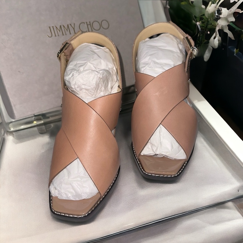 Nwt Jimmy Choo Aix 85 Shoes Slingback Sandals Tan Leather Criss Cross Eu39 |Us9